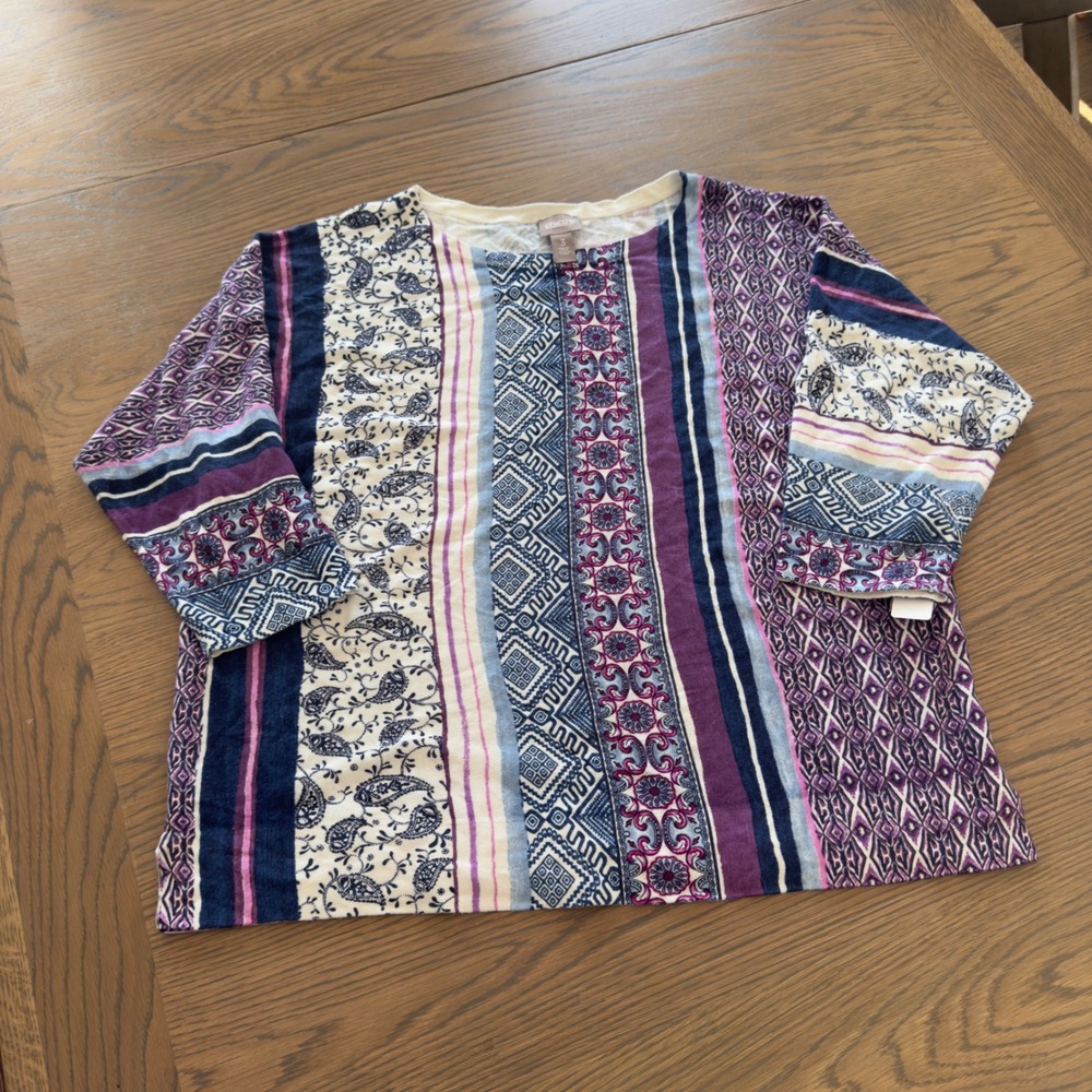 Chico's NWT Patchwork Knit Top Boho Folk Print Size 3 (XL) Office‎ Career